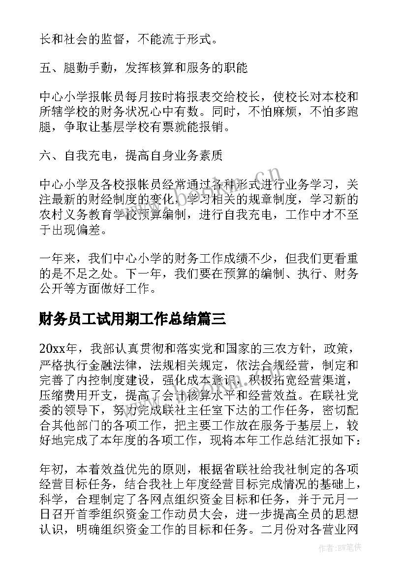 最新财务员工试用期工作总结(精选19篇)