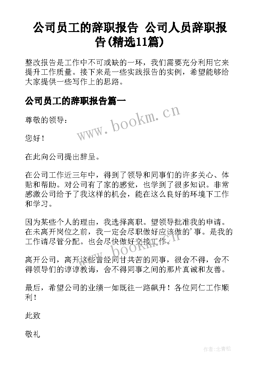 公司员工的辞职报告 公司人员辞职报告(精选11篇)