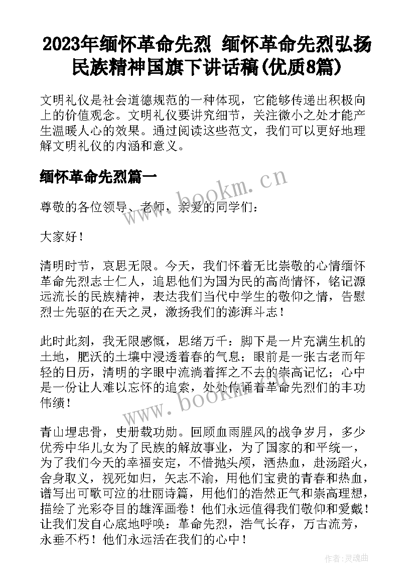 2023年缅怀革命先烈 缅怀革命先烈弘扬民族精神国旗下讲话稿(优质8篇)