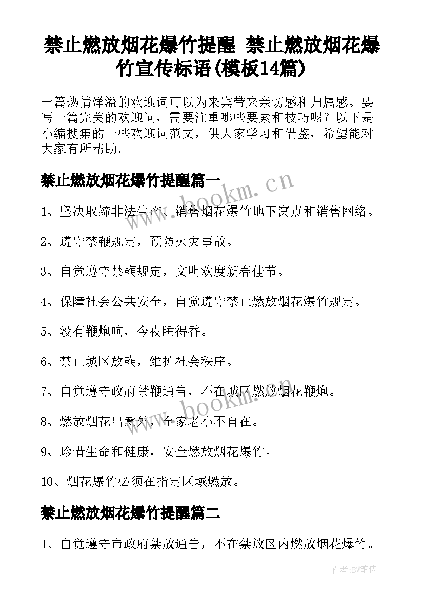 禁止燃放烟花爆竹提醒 禁止燃放烟花爆竹宣传标语(模板14篇)