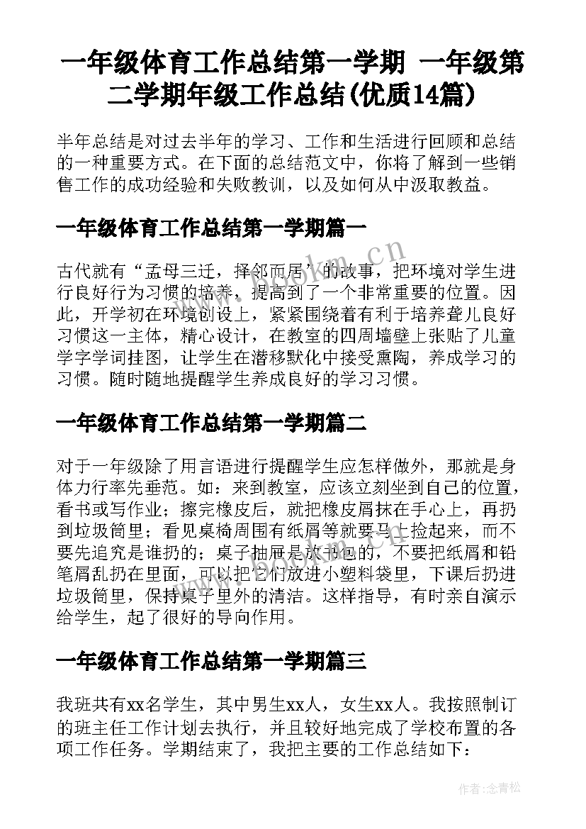 一年级体育工作总结第一学期 一年级第二学期年级工作总结(优质14篇)