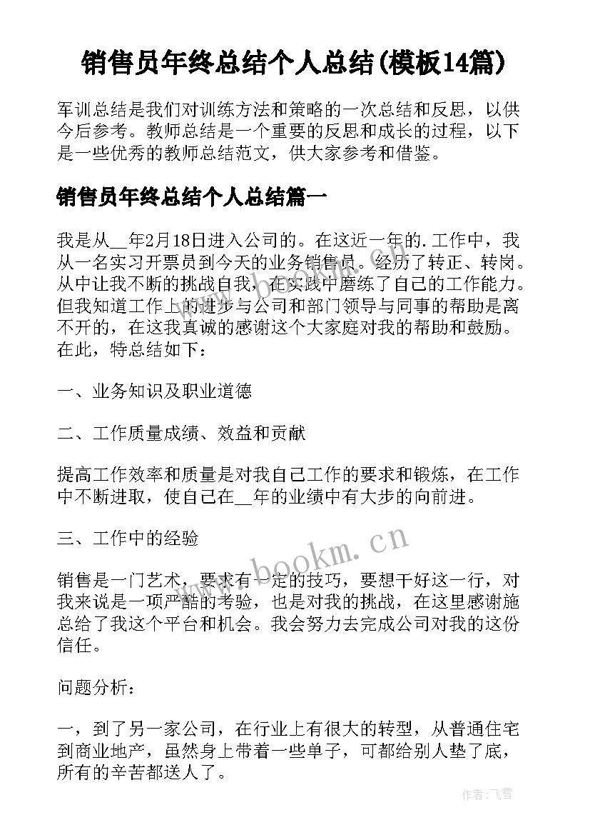 销售员年终总结个人总结(模板14篇)