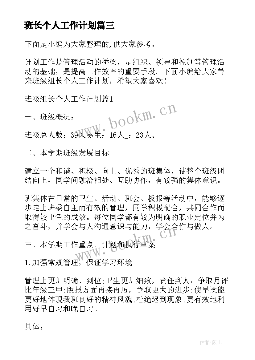 2023年班长个人工作计划 前台个人工作计划完整版(汇总8篇)