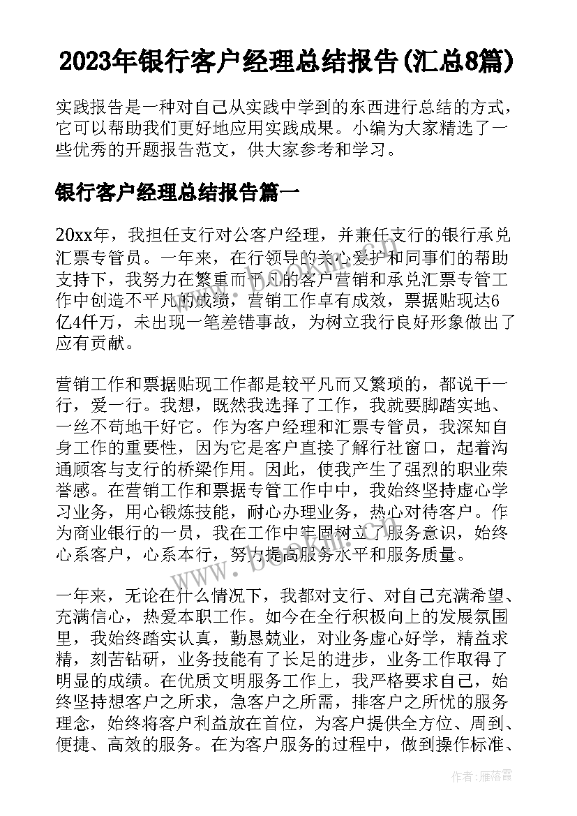 2023年银行客户经理总结报告(汇总8篇)