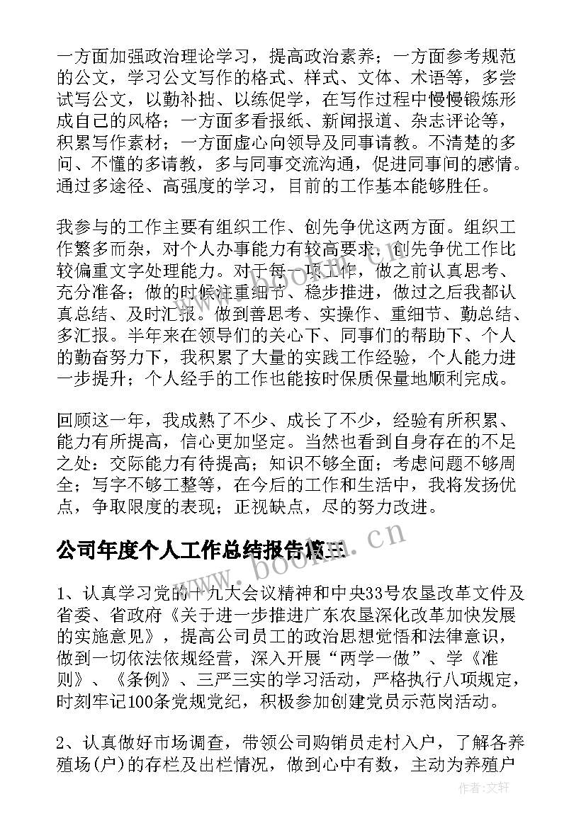 公司年度个人工作总结报告 公司个人年度工作总结(汇总16篇)