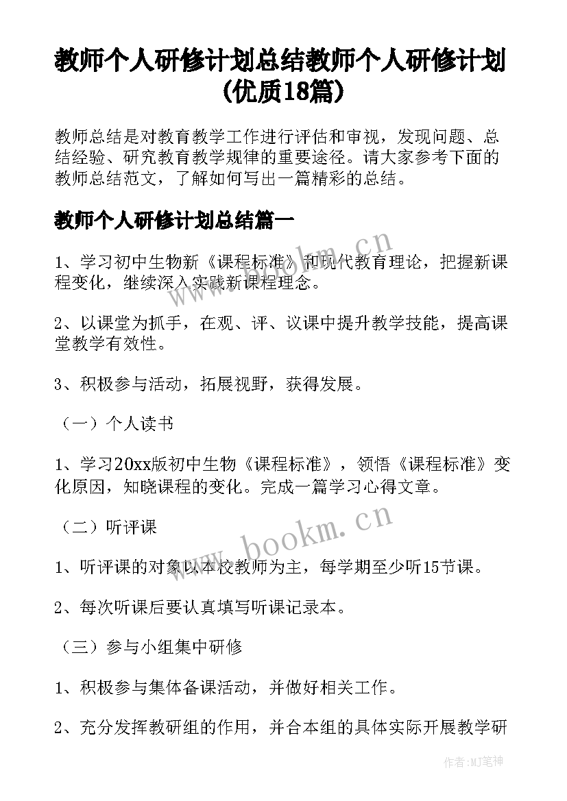 教师个人研修计划总结 教师个人研修计划(优质18篇)