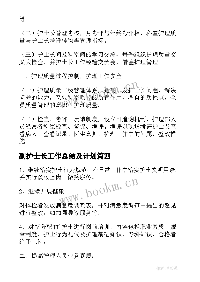 副护士长工作总结及计划(优秀14篇)