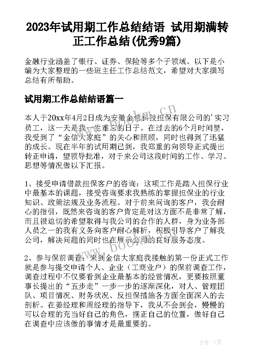 2023年试用期工作总结结语 试用期满转正工作总结(优秀9篇)