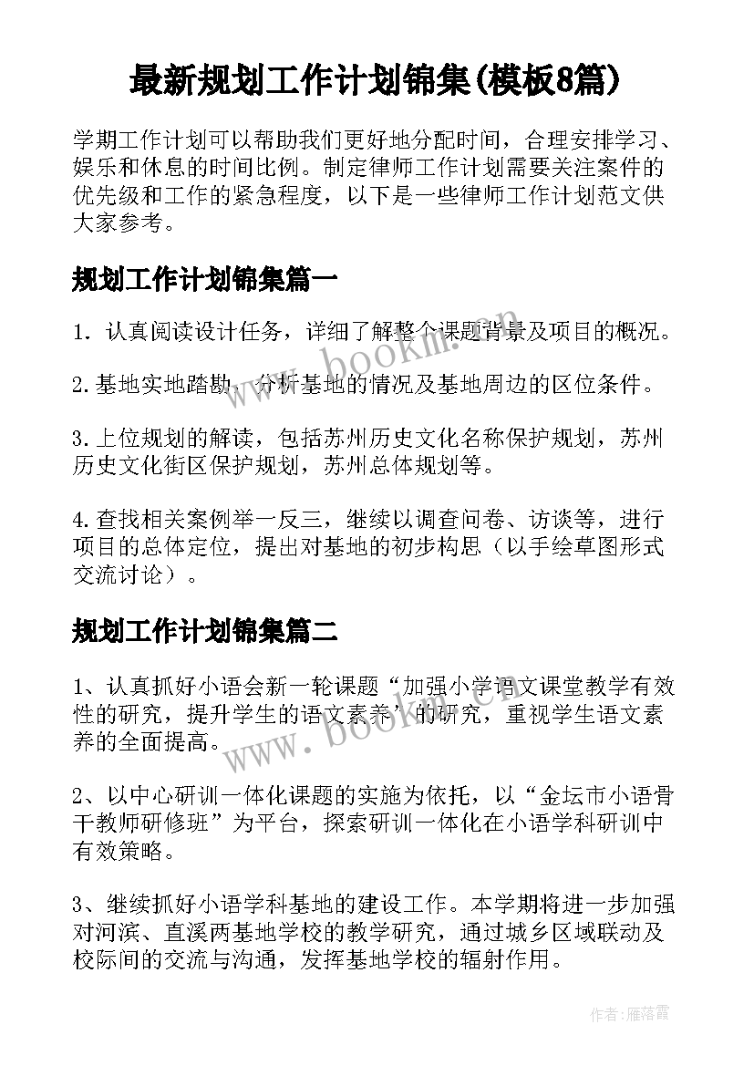 最新规划工作计划锦集(模板8篇)