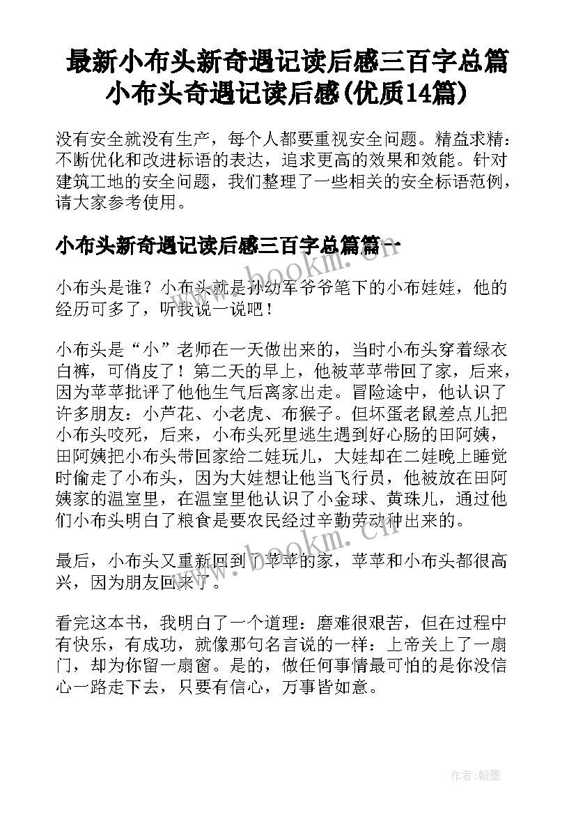 最新小布头新奇遇记读后感三百字总篇 小布头奇遇记读后感(优质14篇)