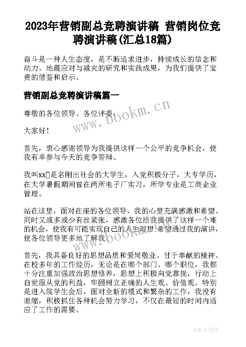 2023年营销副总竞聘演讲稿 营销岗位竞聘演讲稿(汇总18篇)