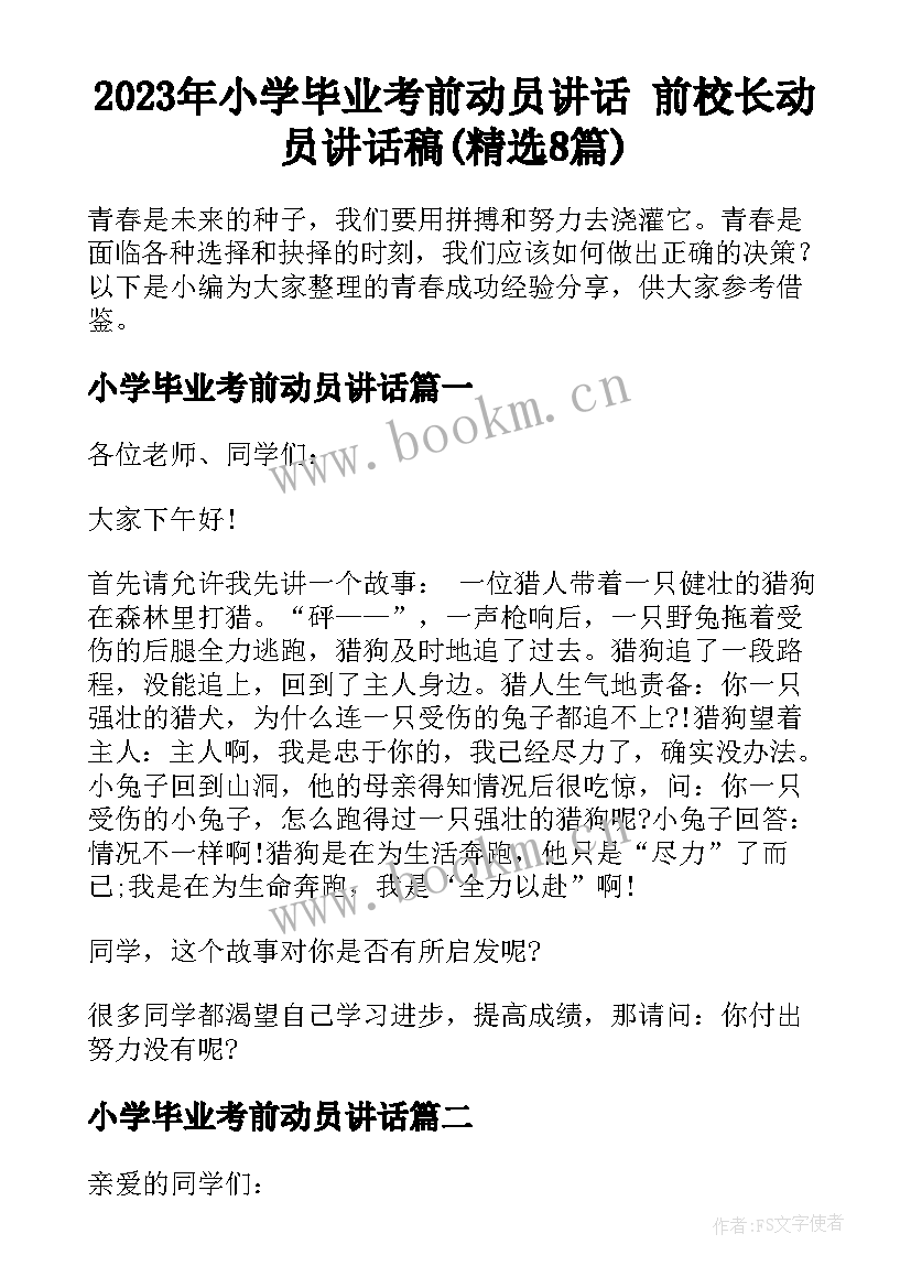 2023年小学毕业考前动员讲话 前校长动员讲话稿(精选8篇)