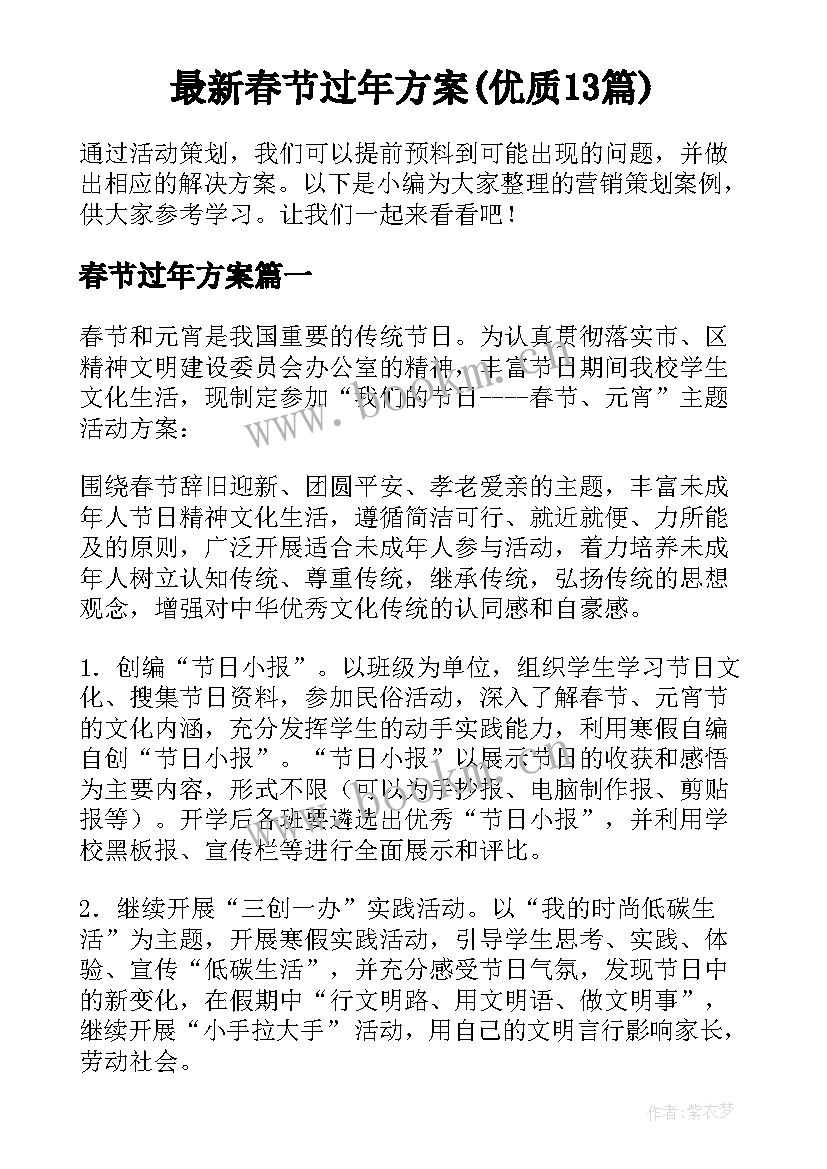 最新春节过年方案(优质13篇)