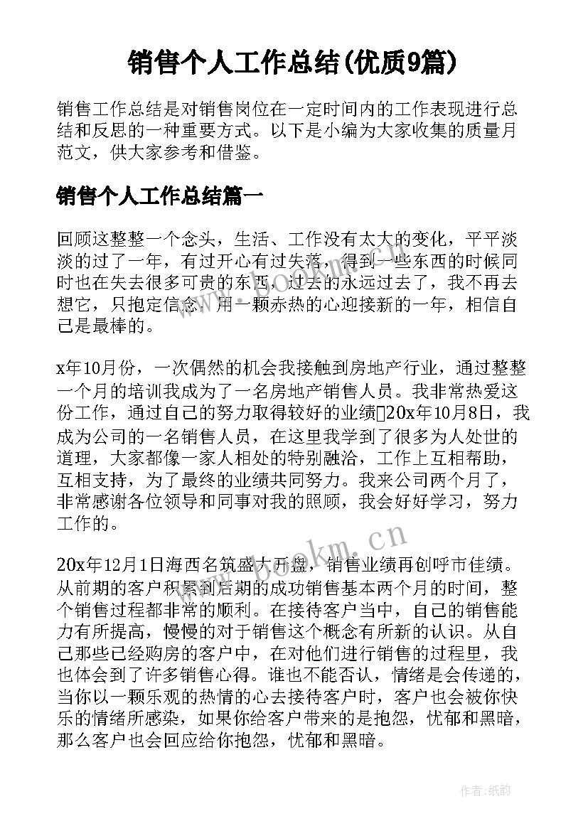 销售个人工作总结(优质9篇)