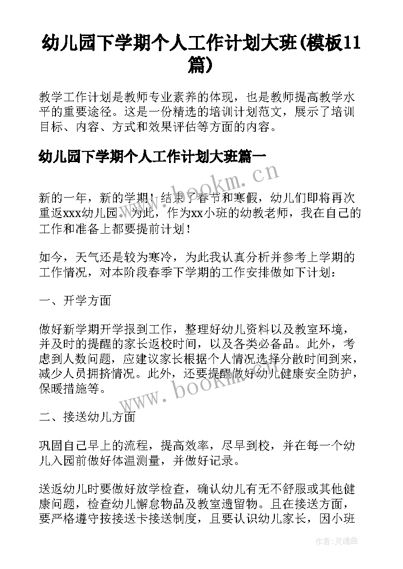 幼儿园下学期个人工作计划大班(模板11篇)