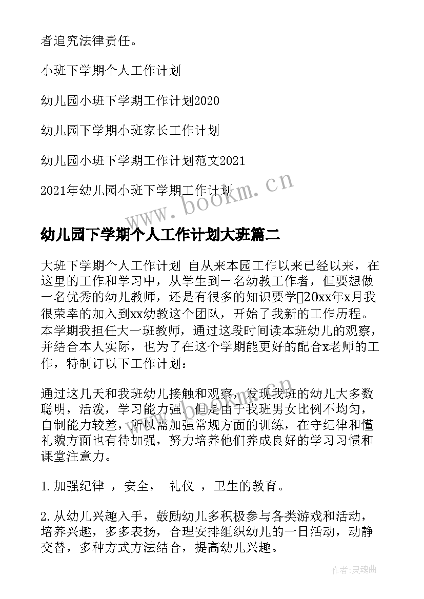 幼儿园下学期个人工作计划大班(模板11篇)