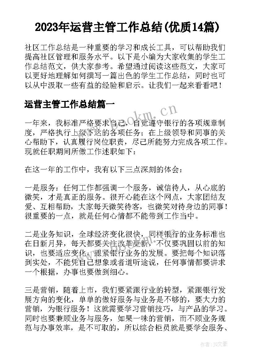 2023年运营主管工作总结(优质14篇)