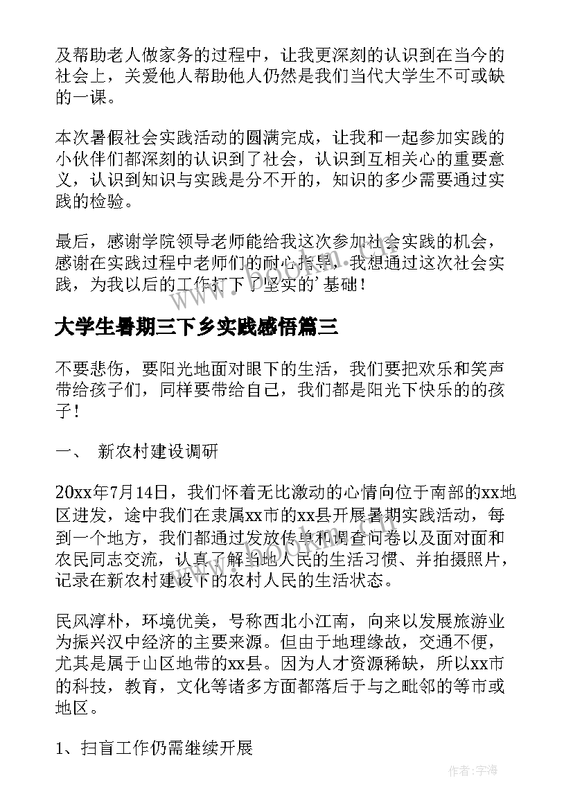 大学生暑期三下乡实践感悟(模板17篇)