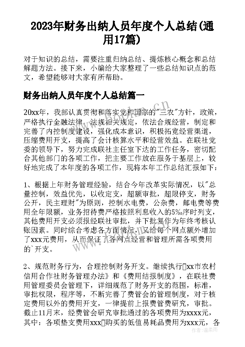 2023年财务出纳人员年度个人总结(通用17篇)