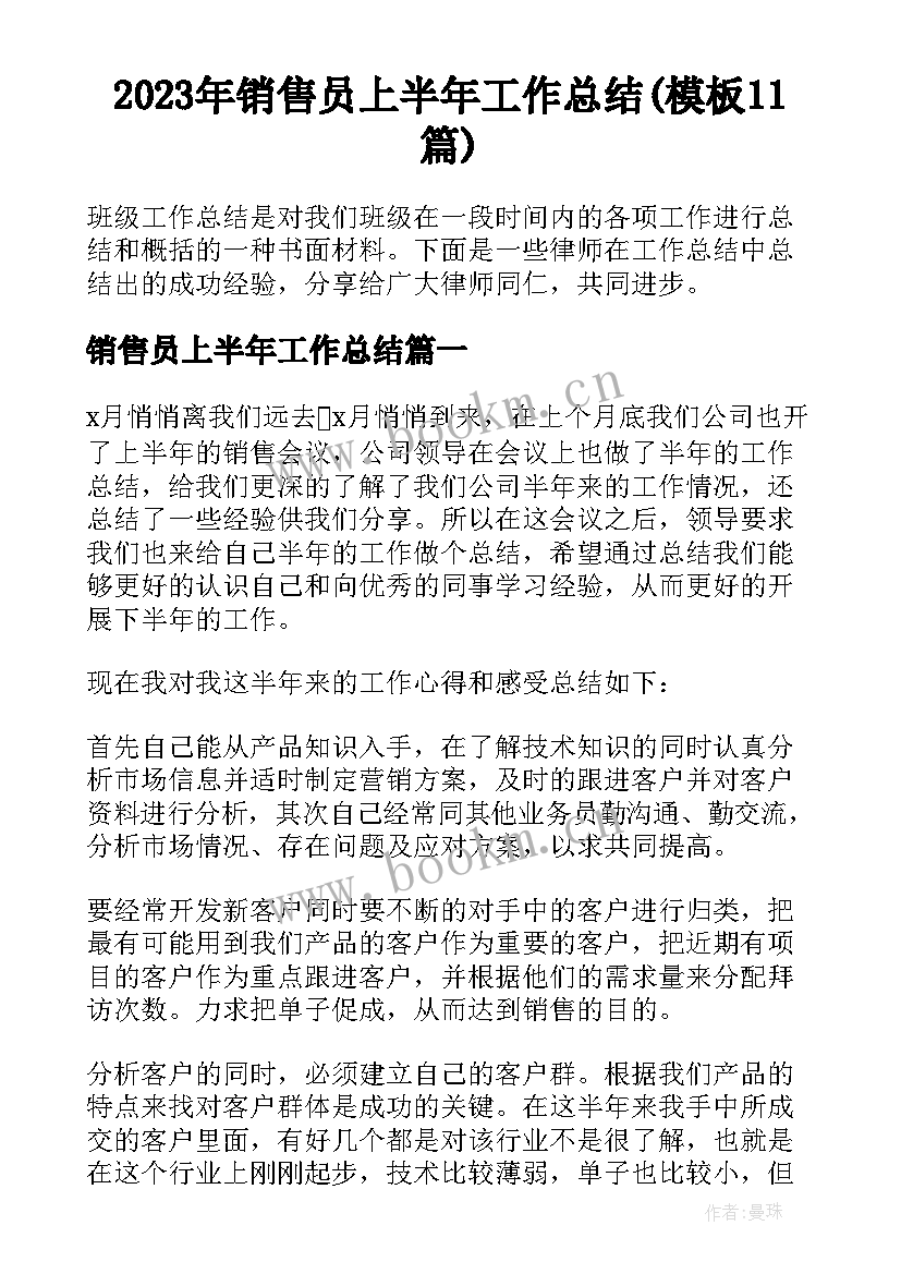 2023年销售员上半年工作总结(模板11篇)