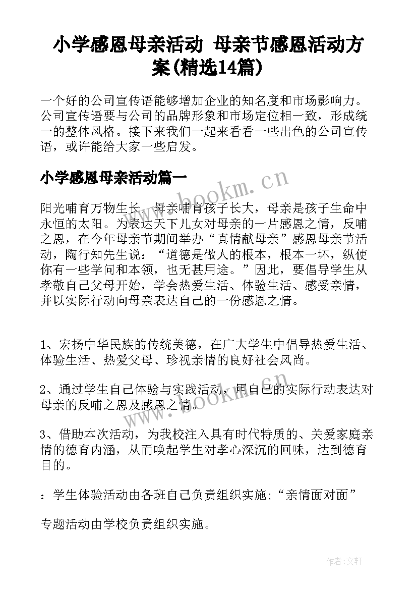 小学感恩母亲活动 母亲节感恩活动方案(精选14篇)