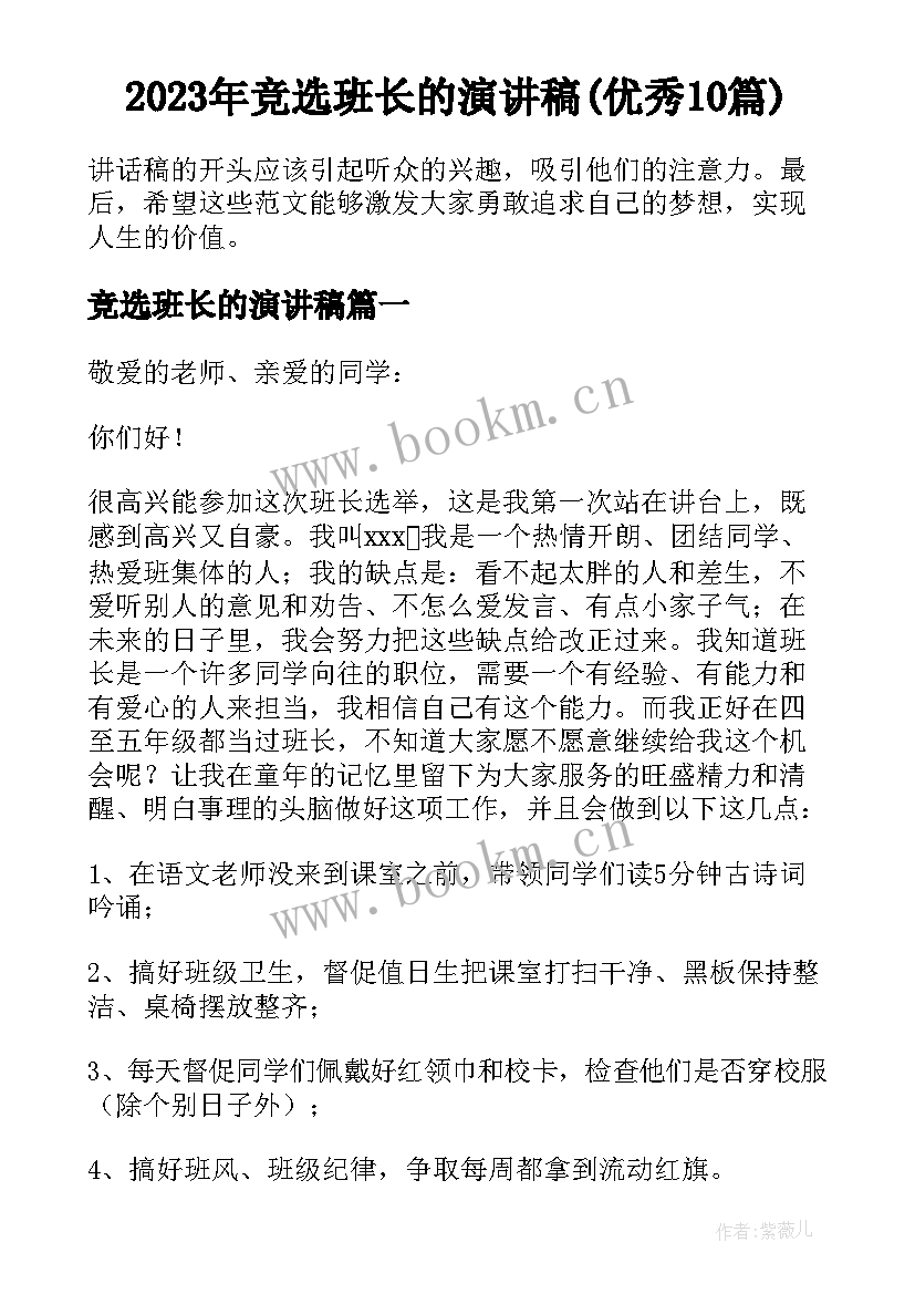 2023年竞选班长的演讲稿(优秀10篇)