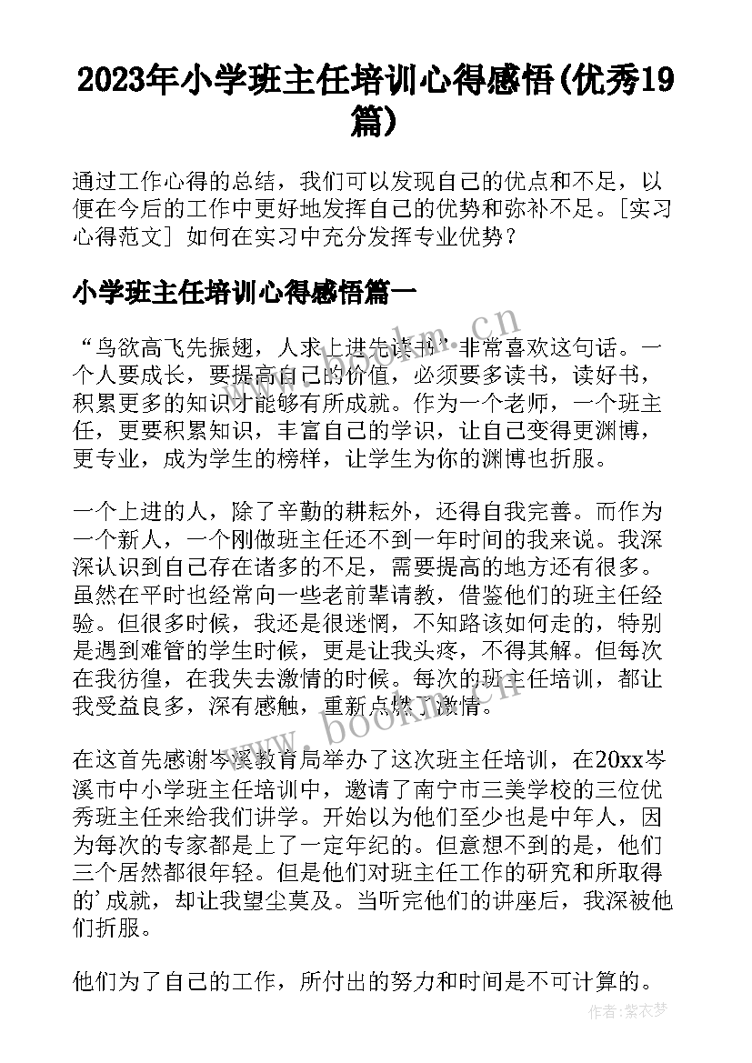 2023年小学班主任培训心得感悟(优秀19篇)