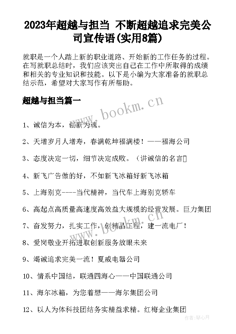 2023年超越与担当 不断超越追求完美公司宣传语(实用8篇)