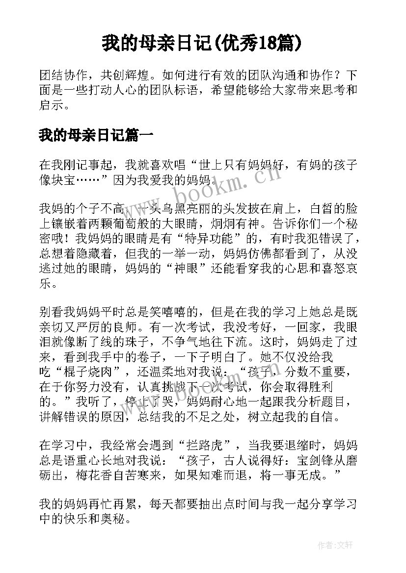 我的母亲日记(优秀18篇)