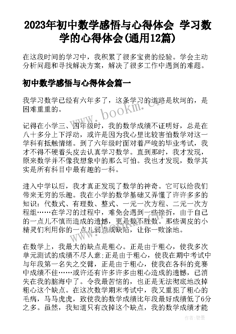 2023年初中数学感悟与心得体会 学习数学的心得体会(通用12篇)