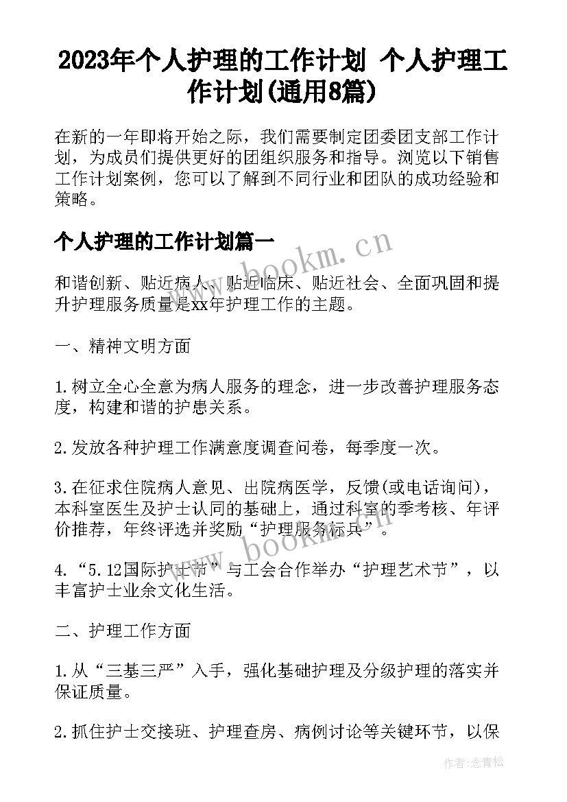 2023年个人护理的工作计划 个人护理工作计划(通用8篇)