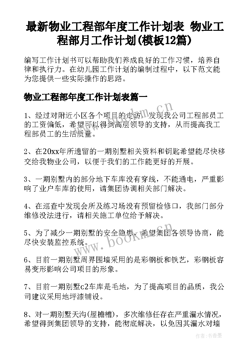 最新物业工程部年度工作计划表 物业工程部月工作计划(模板12篇)