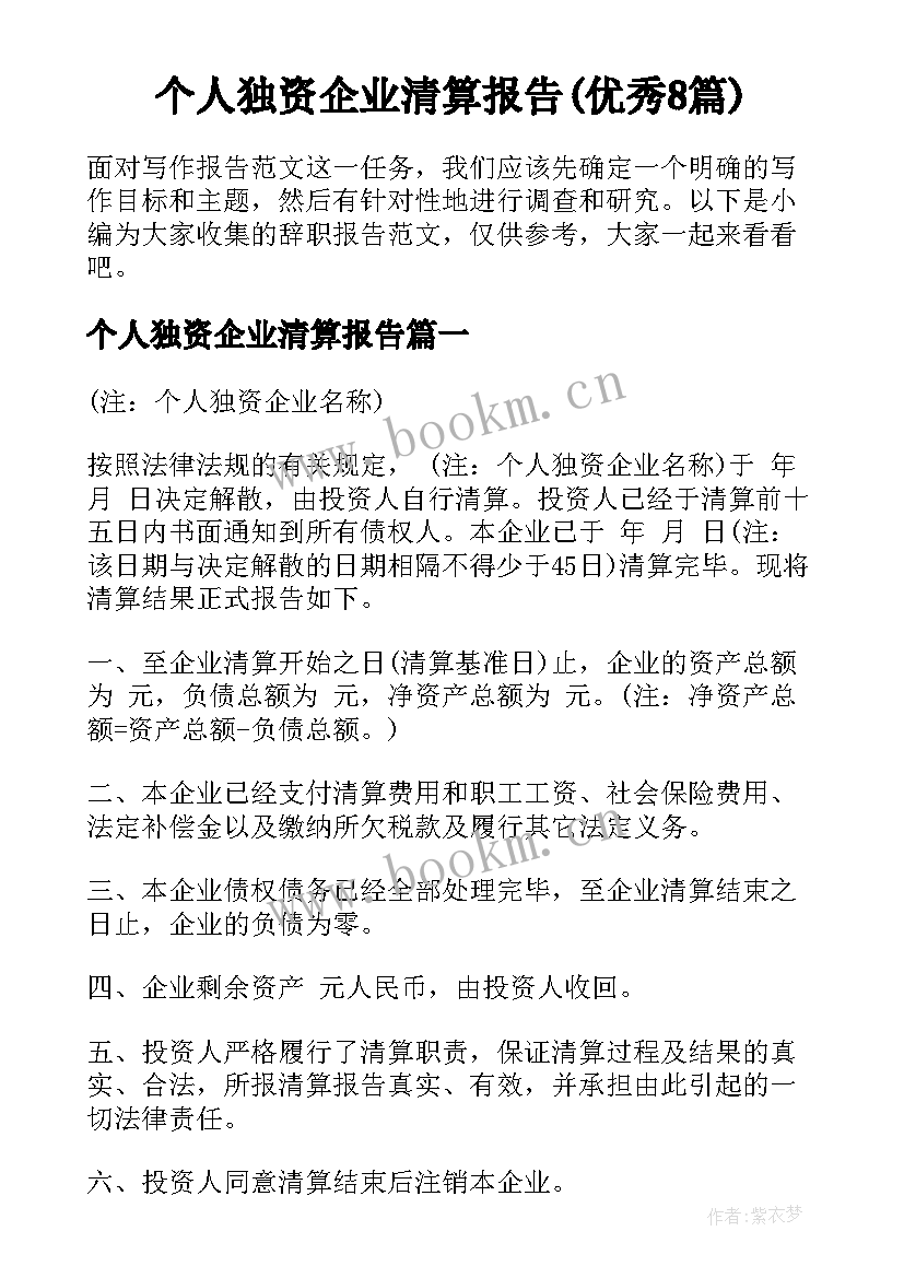 个人独资企业清算报告(优秀8篇)