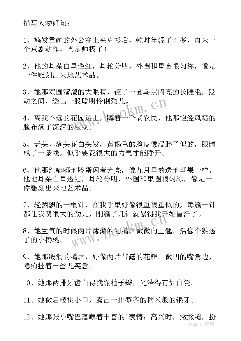 2023年人物外貌的好句摘抄(优质6篇)