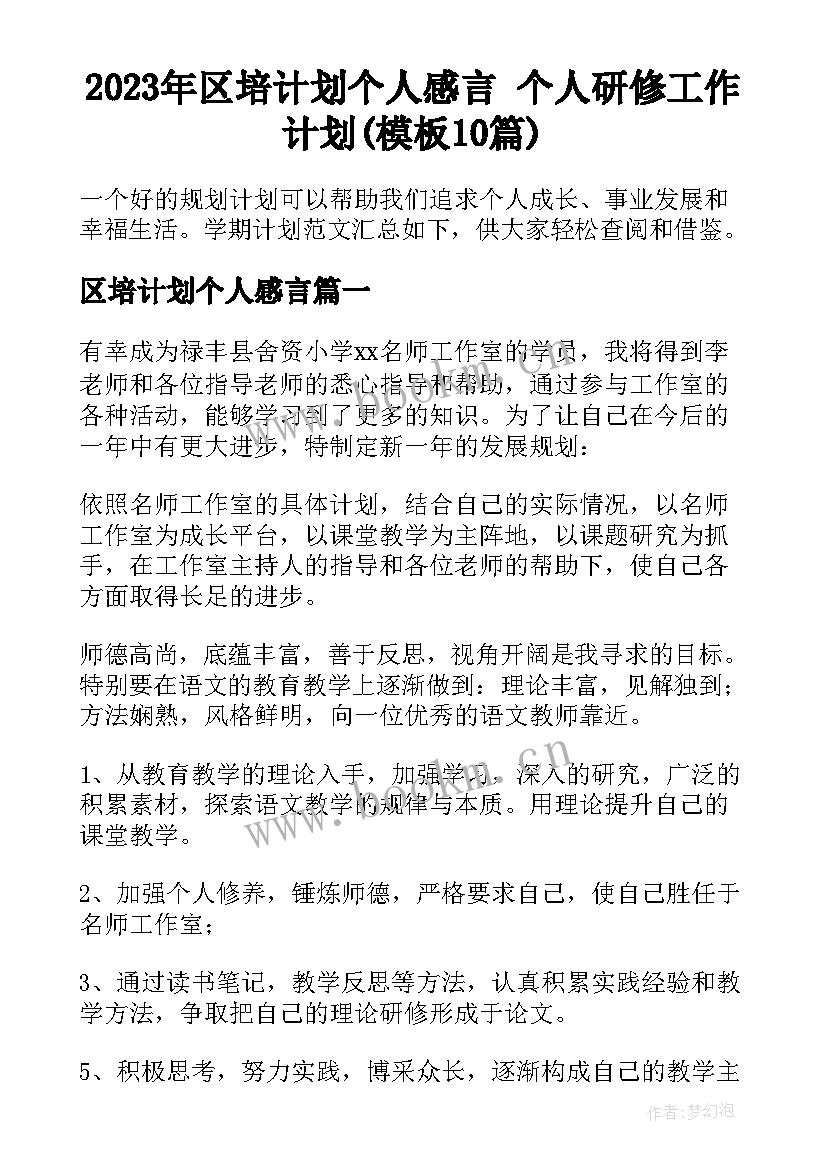 2023年区培计划个人感言 个人研修工作计划(模板10篇)