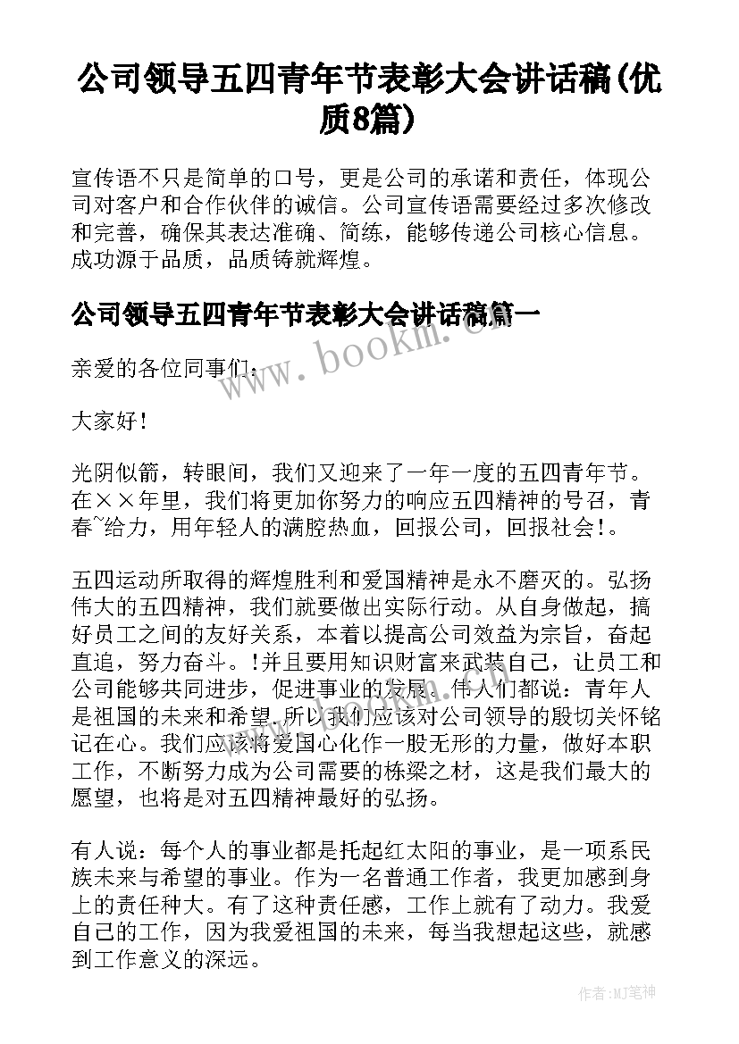 公司领导五四青年节表彰大会讲话稿(优质8篇)