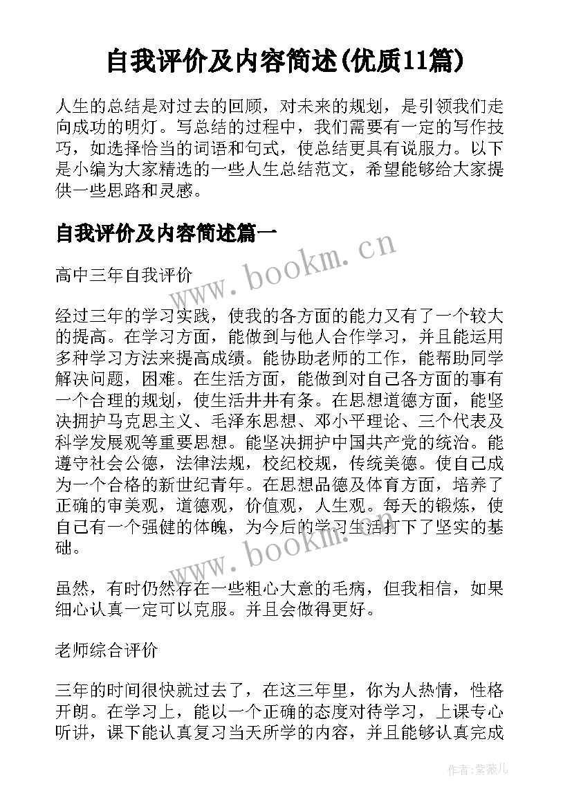 自我评价及内容简述(优质11篇)