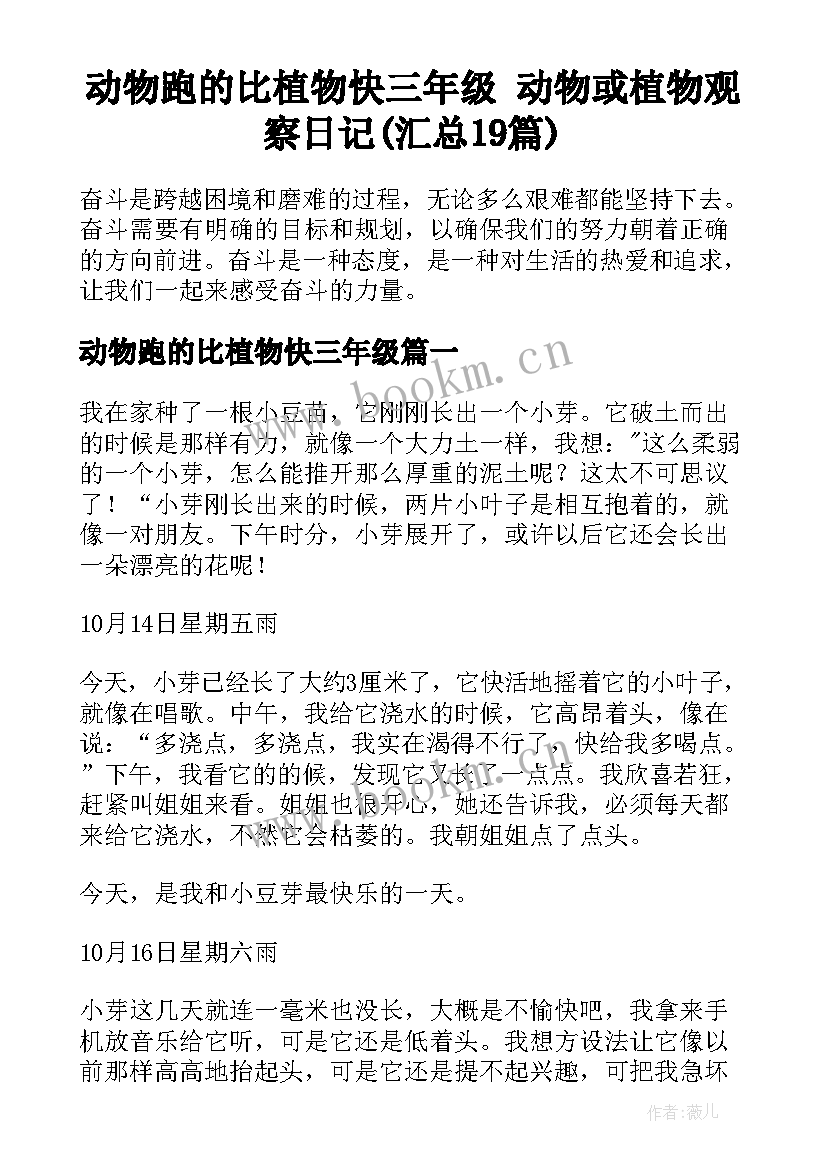 动物跑的比植物快三年级 动物或植物观察日记(汇总19篇)