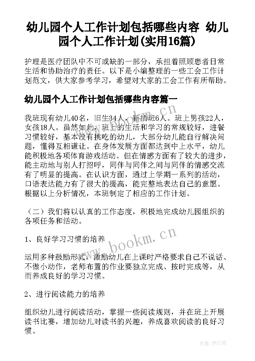 幼儿园个人工作计划包括哪些内容 幼儿园个人工作计划(实用16篇)