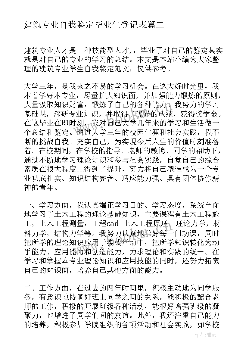 2023年建筑专业自我鉴定毕业生登记表 建筑专业毕业生的自我鉴定含(模板10篇)