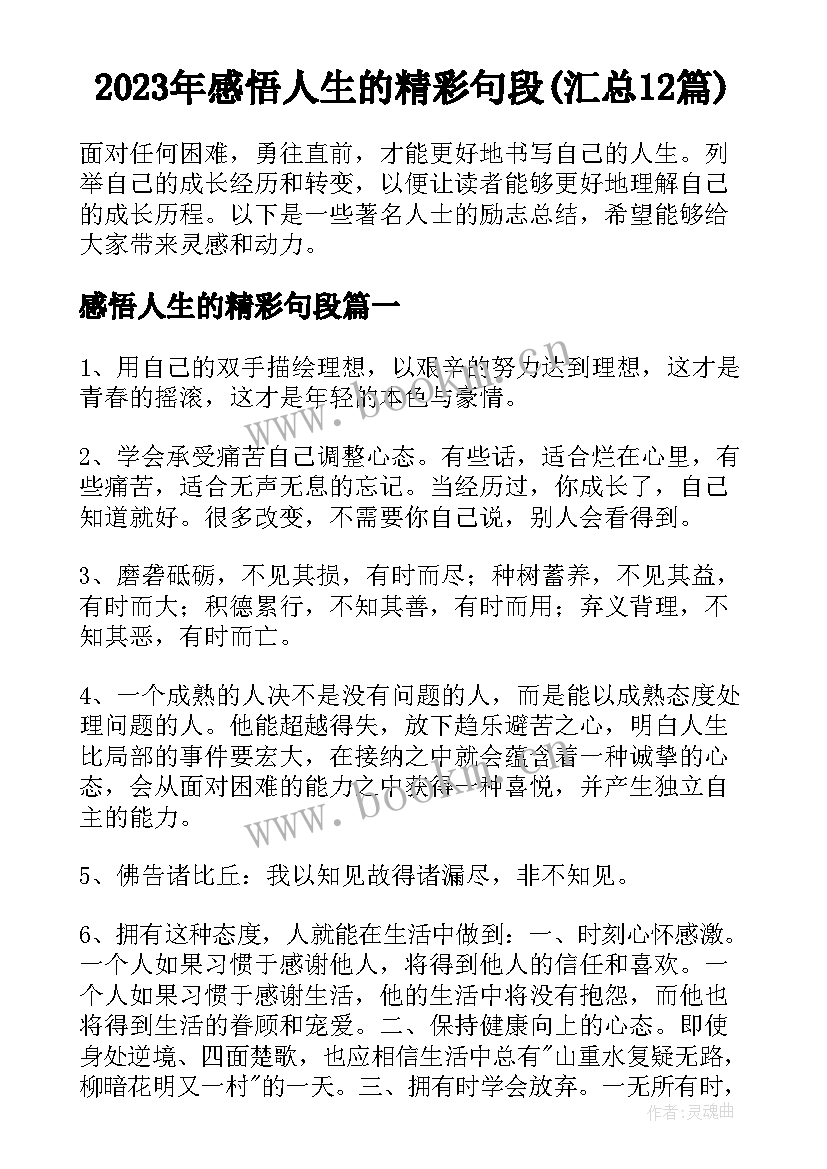 2023年感悟人生的精彩句段(汇总12篇)