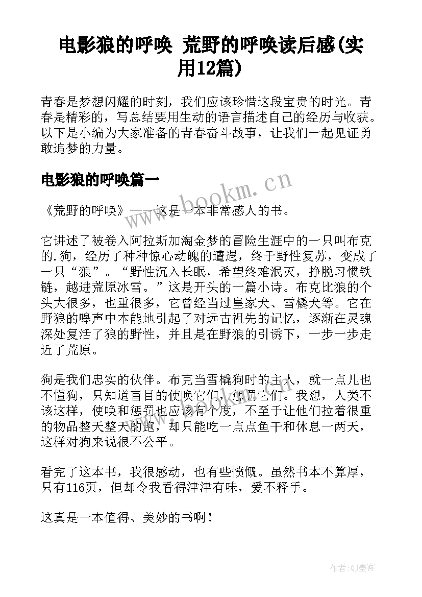 电影狼的呼唤 荒野的呼唤读后感(实用12篇)