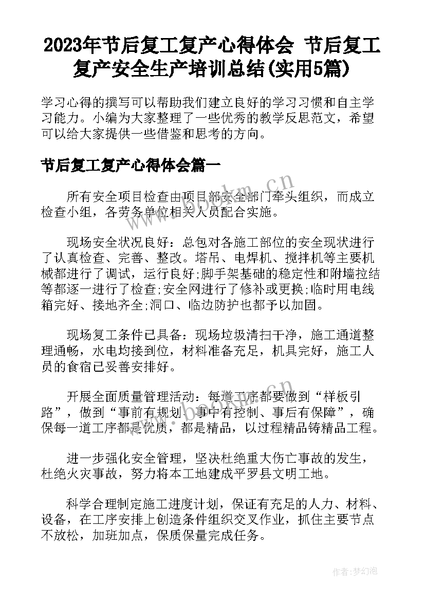 2023年节后复工复产心得体会 节后复工复产安全生产培训总结(实用5篇)