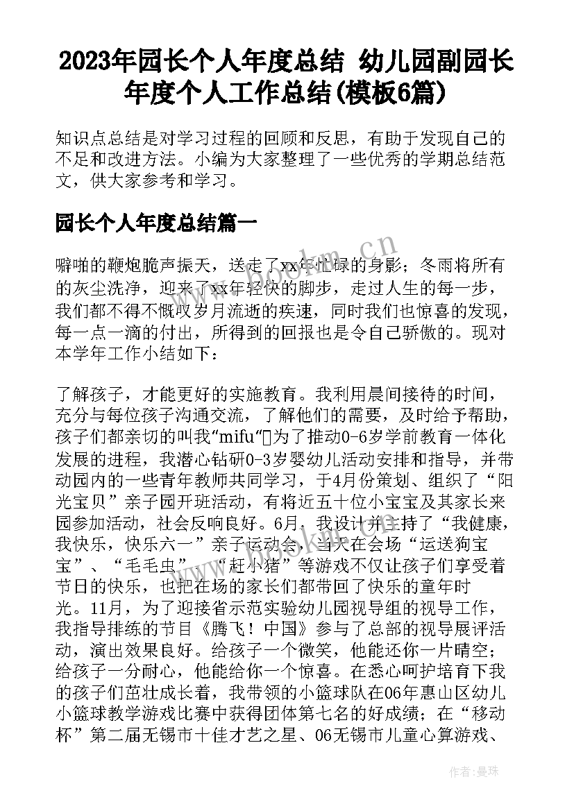 2023年园长个人年度总结 幼儿园副园长年度个人工作总结(模板6篇)