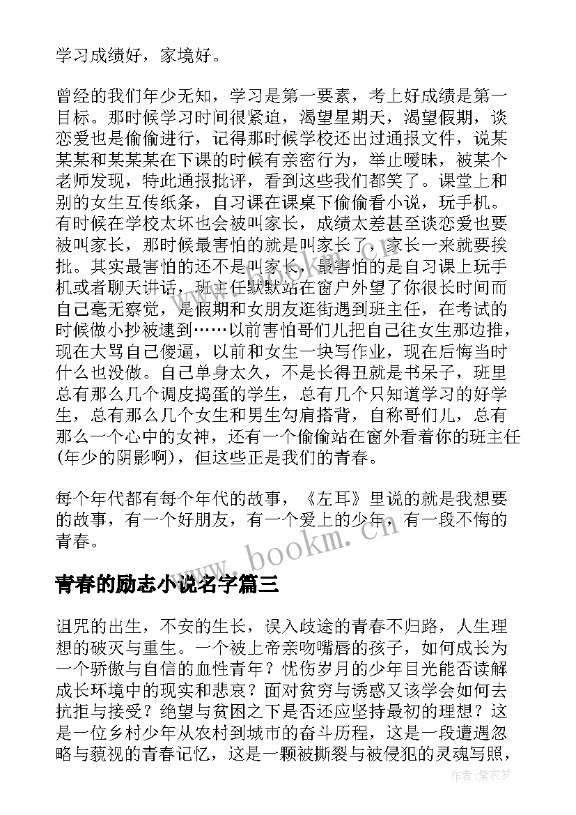 2023年青春的励志小说名字 本青春励志小说(模板8篇)