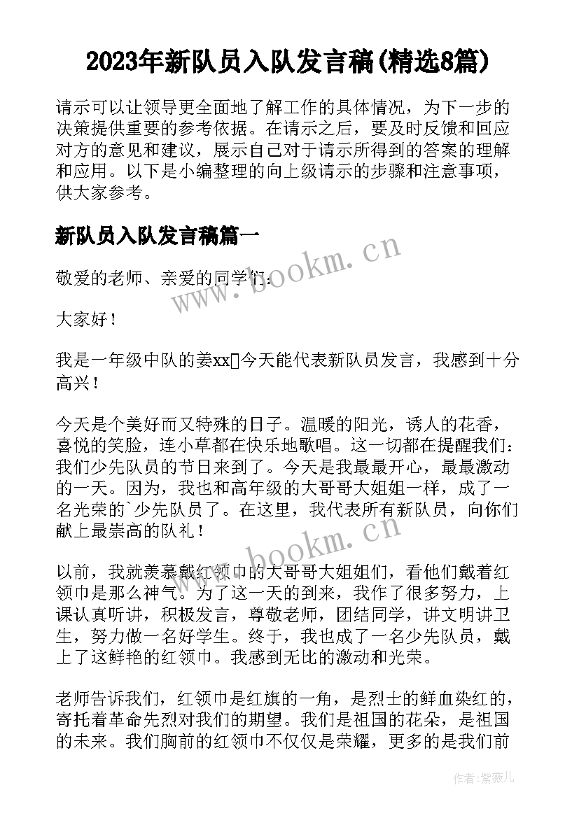 2023年新队员入队发言稿(精选8篇)