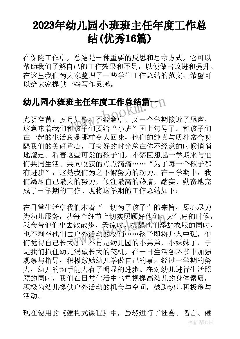 2023年幼儿园小班班主任年度工作总结(优秀16篇)