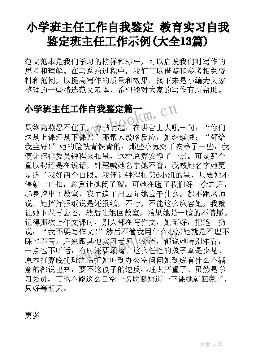 小学班主任工作自我鉴定 教育实习自我鉴定班主任工作示例(大全13篇)