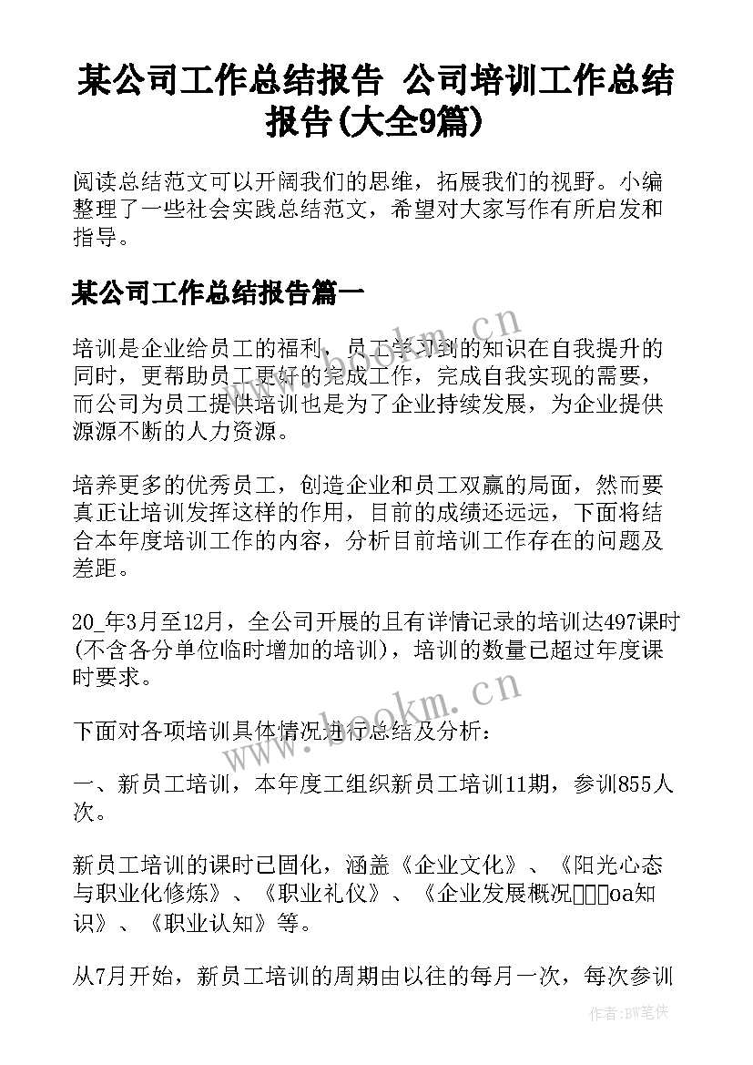 某公司工作总结报告 公司培训工作总结报告(大全9篇)