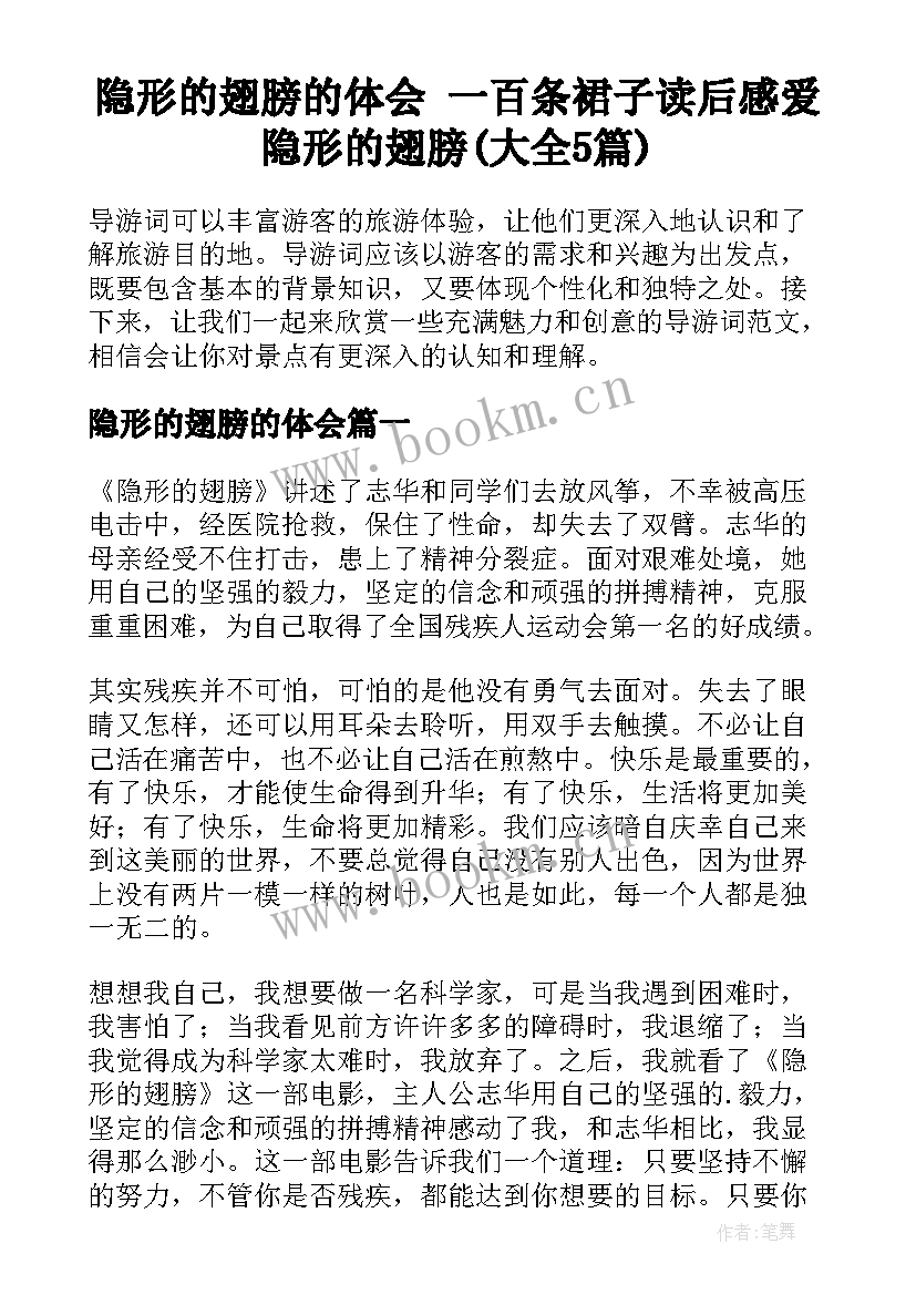 隐形的翅膀的体会 一百条裙子读后感爱隐形的翅膀(大全5篇)